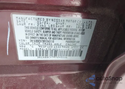 2021 Nissan Sentra Sv Xtronic Cvt from USA, damaged, VIN 3N1AB8CV7MY240116